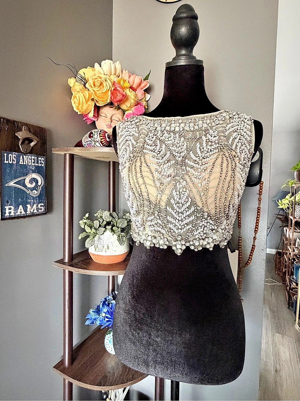 Matiarri Beaded Embellished Crop Top in Silver & Beige NWT